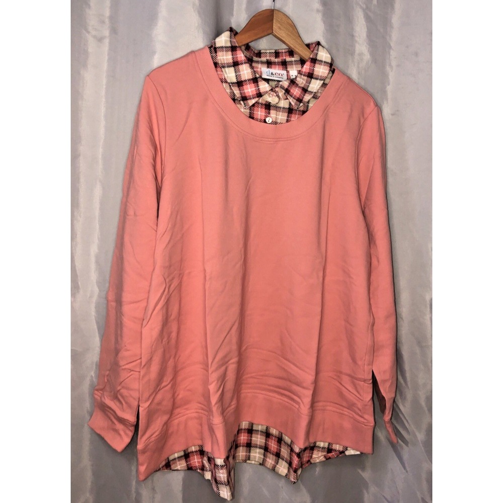 D & CO. Rose and Plaid Button Layered Long Sleeve Top NEW IN BAG